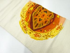 アンティーク　手織り紬割れ絵皿に抽象草花模様織出し名古屋帯